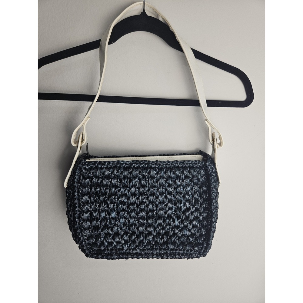Vintage Adoria Japan Navy Raffia Woven  White‎ Vinyl Strap Shoulder Bag Purse